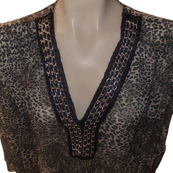 Sheer Leopard Print Tunic Top With Black Chain Trim V-Neckline Womens 2X Evoluti - Picture 2 of 6